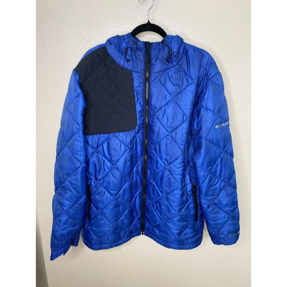 Columbia Mens Blue Hooded Quilted Jacket XL Water-Resistant Winter Coat‎ Nylon
